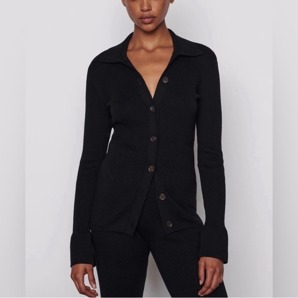 Frame Slim Ribbed Button Front Collared Cardigan Black Noir Sweater